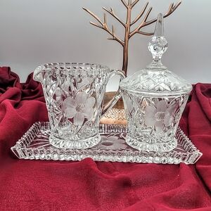 Pressed Crystal Creamer Sugar Bowl Lid Tray Floral Daisy Diamond Pattern Vintage